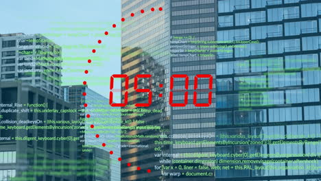 animation of data processing and countdown over cityscape