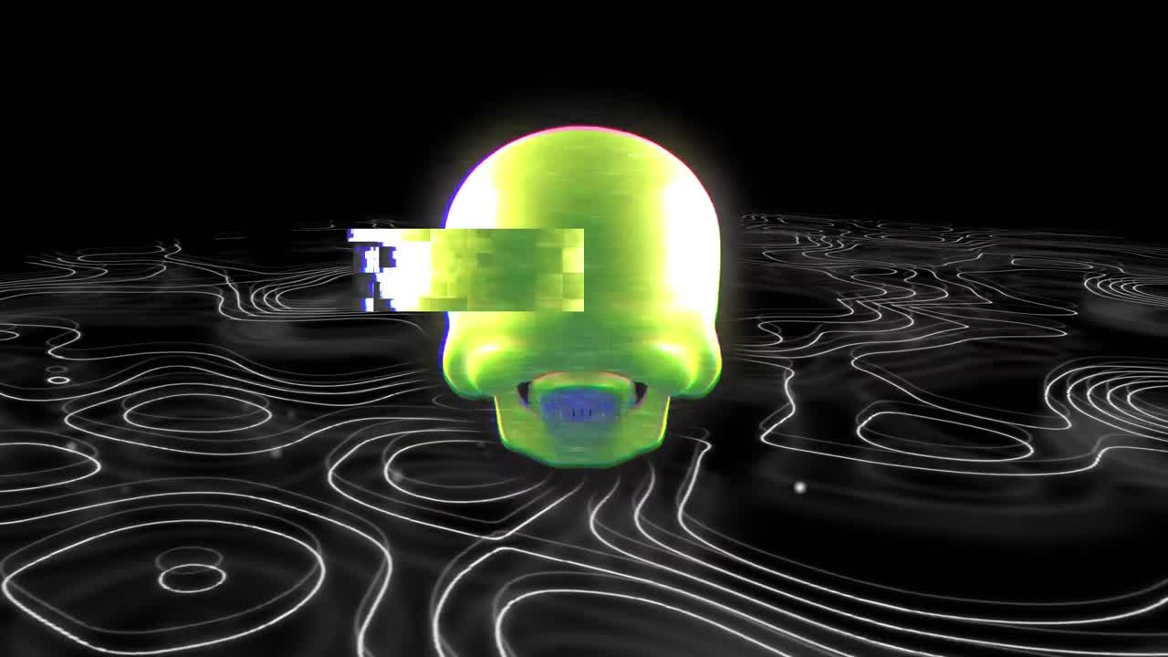 cráneo humano girando sobre la topografía contra un fondo negro