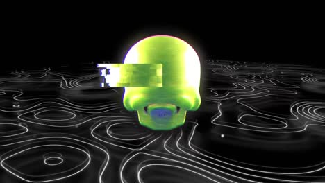 cranio umano che gira sulla topografia su sfondo nero