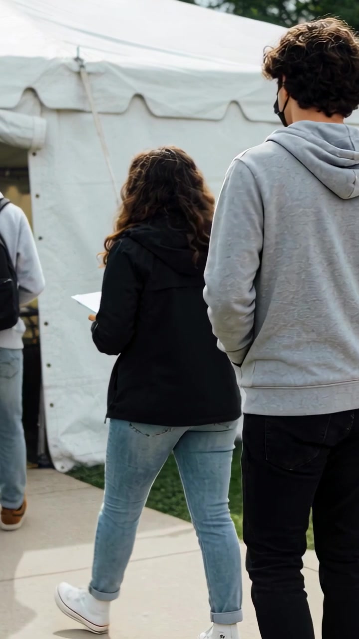 Video verticale: In primo piano, tre adulti che avanzano e camminano verso una tenda bianca per entrare, con dei documenti.