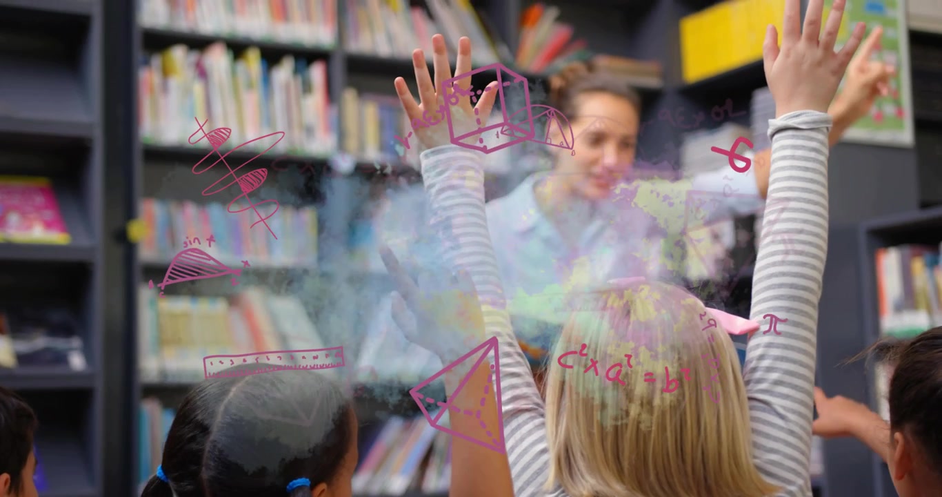 Female teacher speaking in library, math doodles appearing between children, hands rising to answer