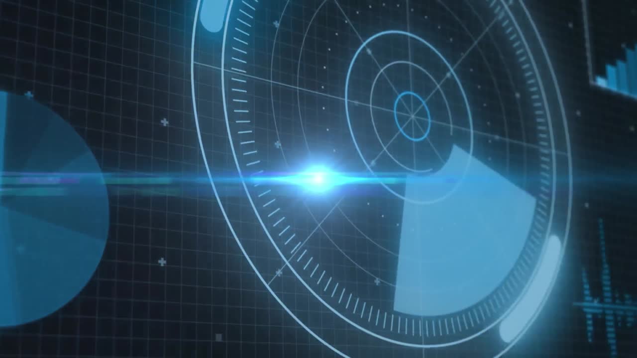 둥근 스캐너 위에 파란 빛 점의 애니메이션과 검은 바탕에 통계 데이터 처리