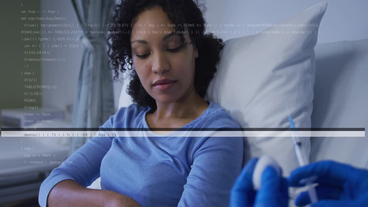 Healthcare worker in gloved hands showing syringe as patient glancing, rolling sleeve for injection