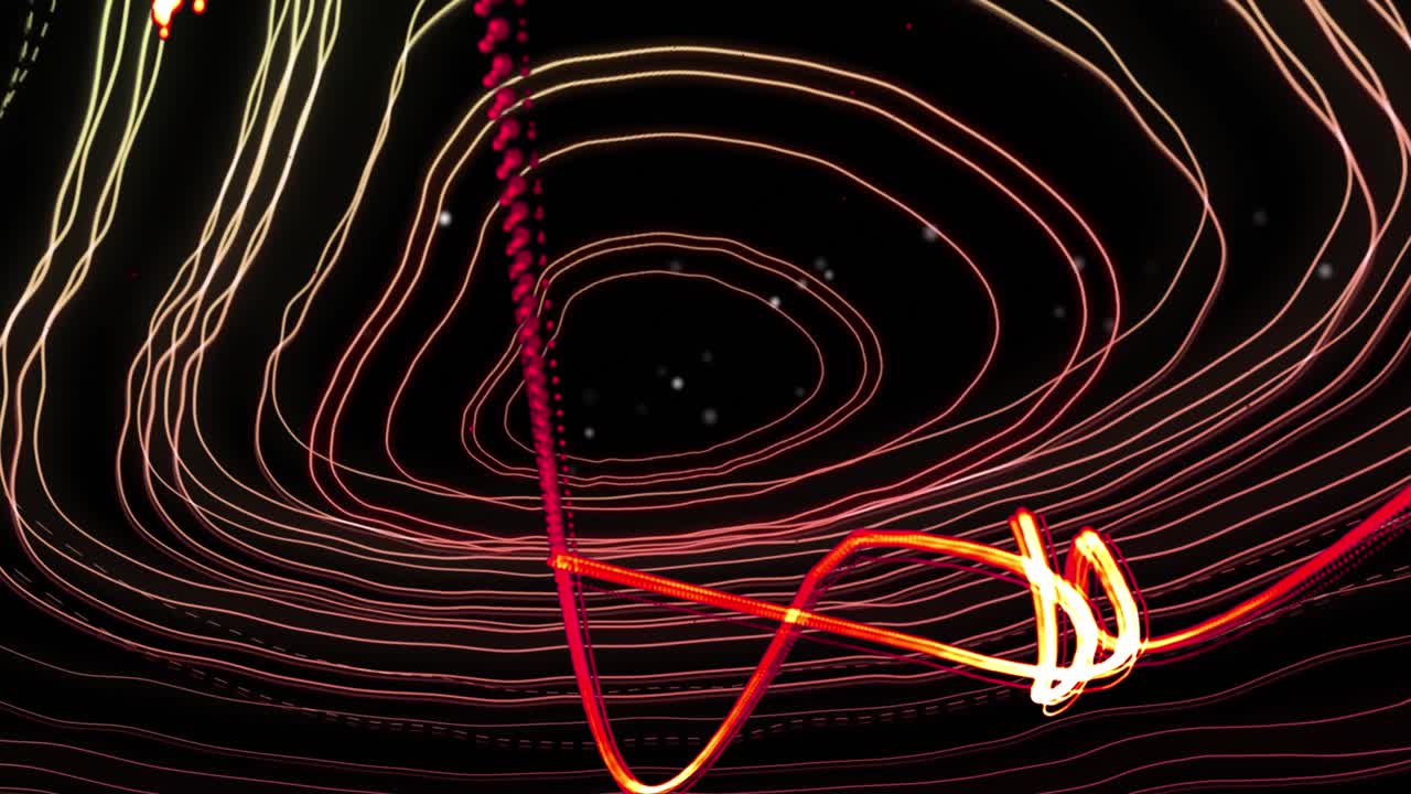 Animation of orange and red light trails moving over contour lines and particles on black background