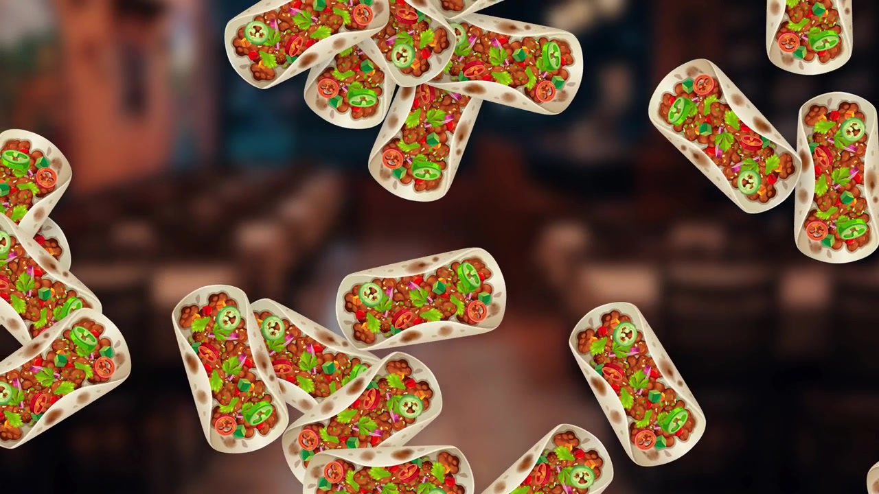 Animerede tacos falder lodret mod en blød bokeh-baggrund af en traditionel mexicansk restaurant.
