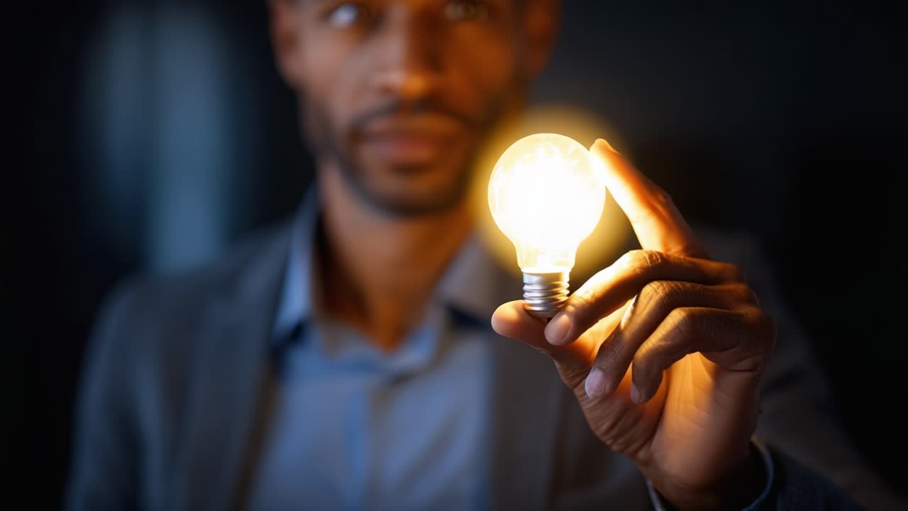 A man holding a glowing light bulb symbolizing inspiration and creativity, captured in a dimly lit environment that enhances the magical feel of the moment