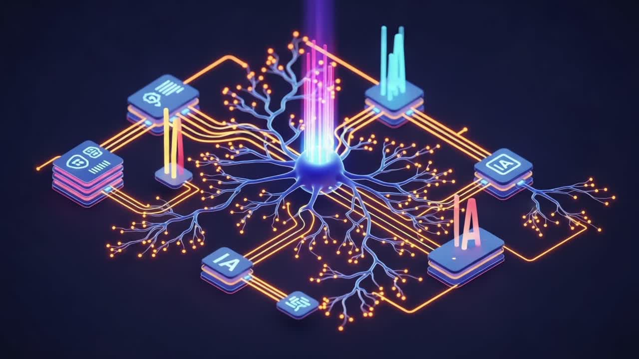 Abstract Representation of Neural Networks Showcasing Data Processing and AI Elements, Featuring Colorful Visualizations and Connectivity Between Components