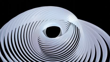 3D stylish abstract white background with rings or circles twisting in concentric structure. Rings turning pattern like helix or spiral in 4k. Pearl material. Isolated on black