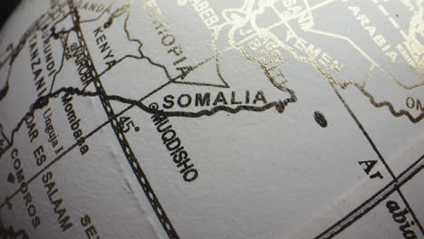 map of somalia and surrounding countries on a globe