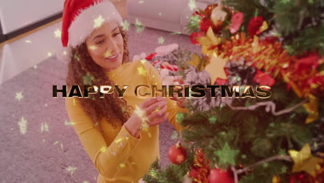 decorating christmas tree, woman with santa hat, happy christmas animation and stars