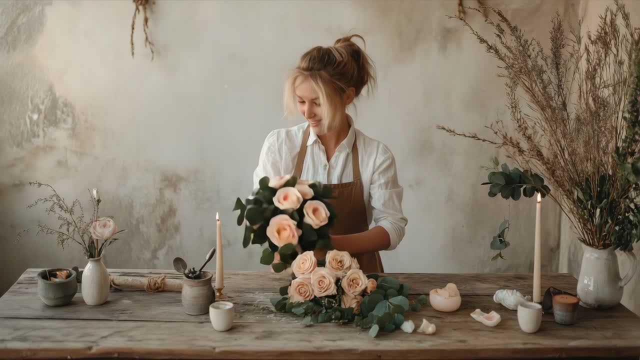 Female florist arranging pink roses in a rustic setting