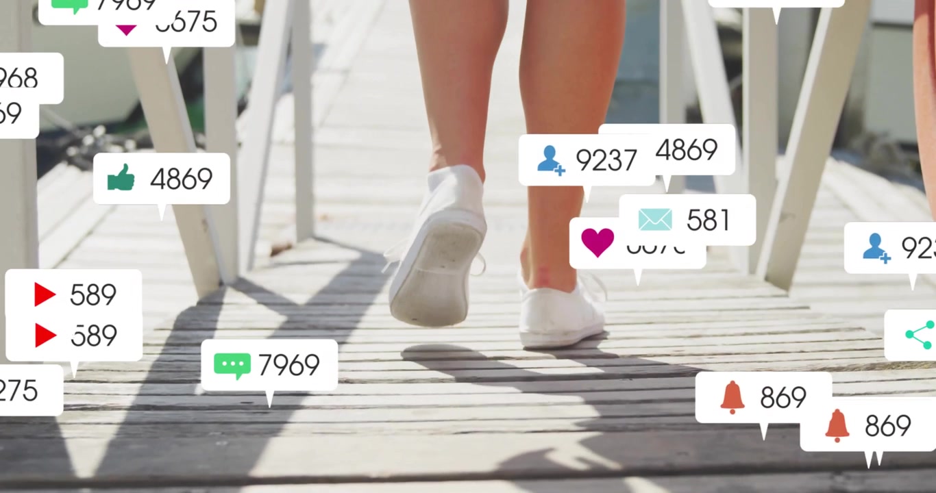 Female walking on wooden pier notification bubbles multiplying at shoes showing social media growth