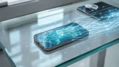 modern smartphone with global network interface on glass table