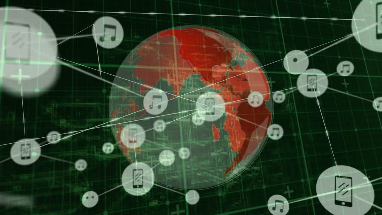 animación de la red de conexiones con iconos en todo el mundo sobre fondo negro
