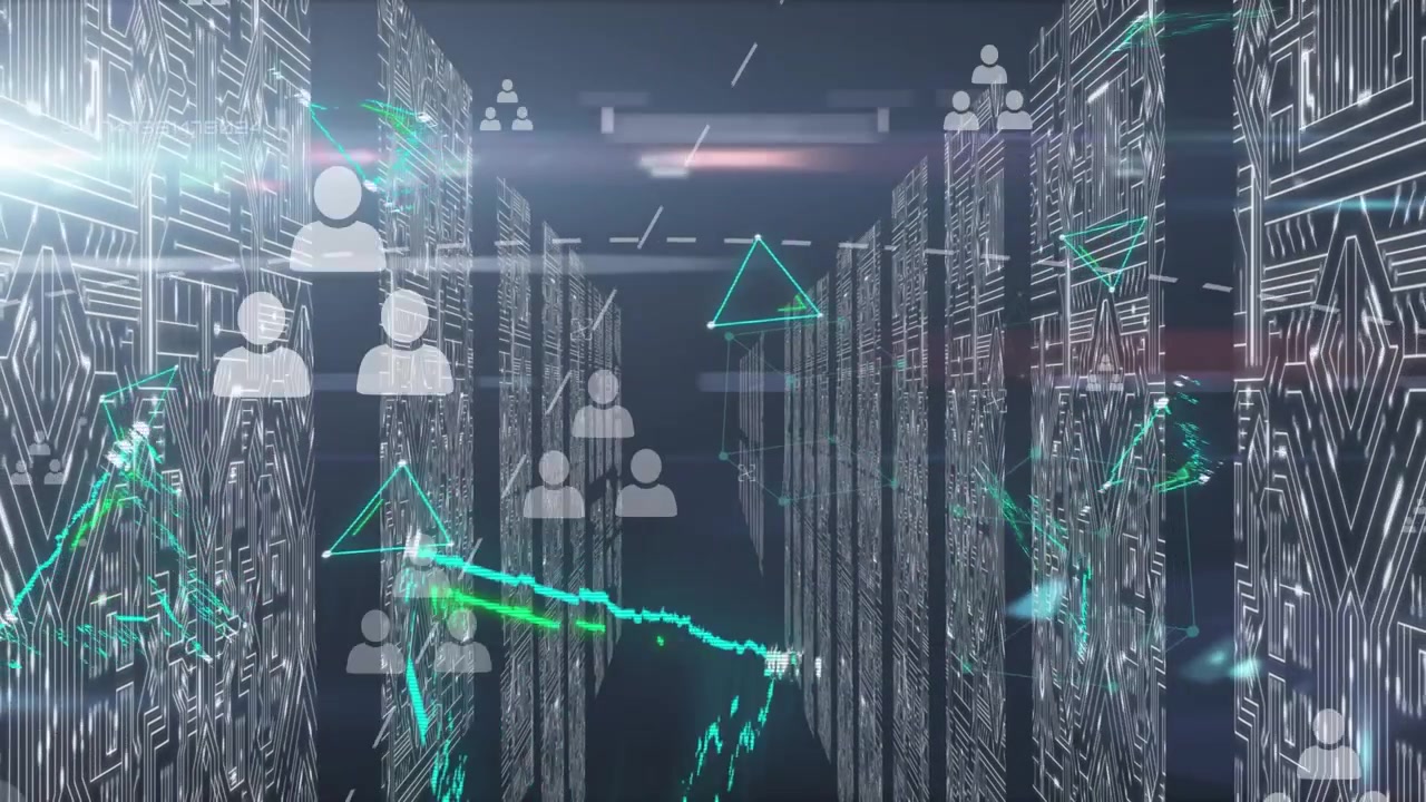 Animation of media icons over server room