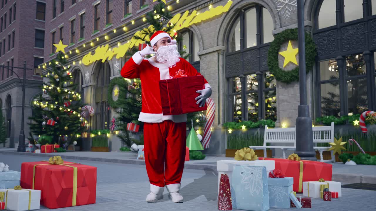 크리스마스 밤에 선물 상자를 들고 있는 동안 선물을 들고 전화 제스처를 하는 아시아 산타클로스의 몸이 가득 차 있습니다.