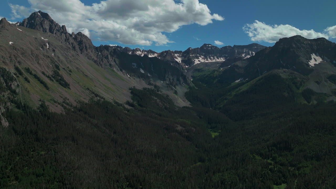 Colorado scenic summer San Juans Rocky Mountains aerial drone cinematic Ridgway Blue Lakes Mount Sniffels Wilderness Dallas Range 14er Million Dollar Highway trailhead blue sky forward reveal movement