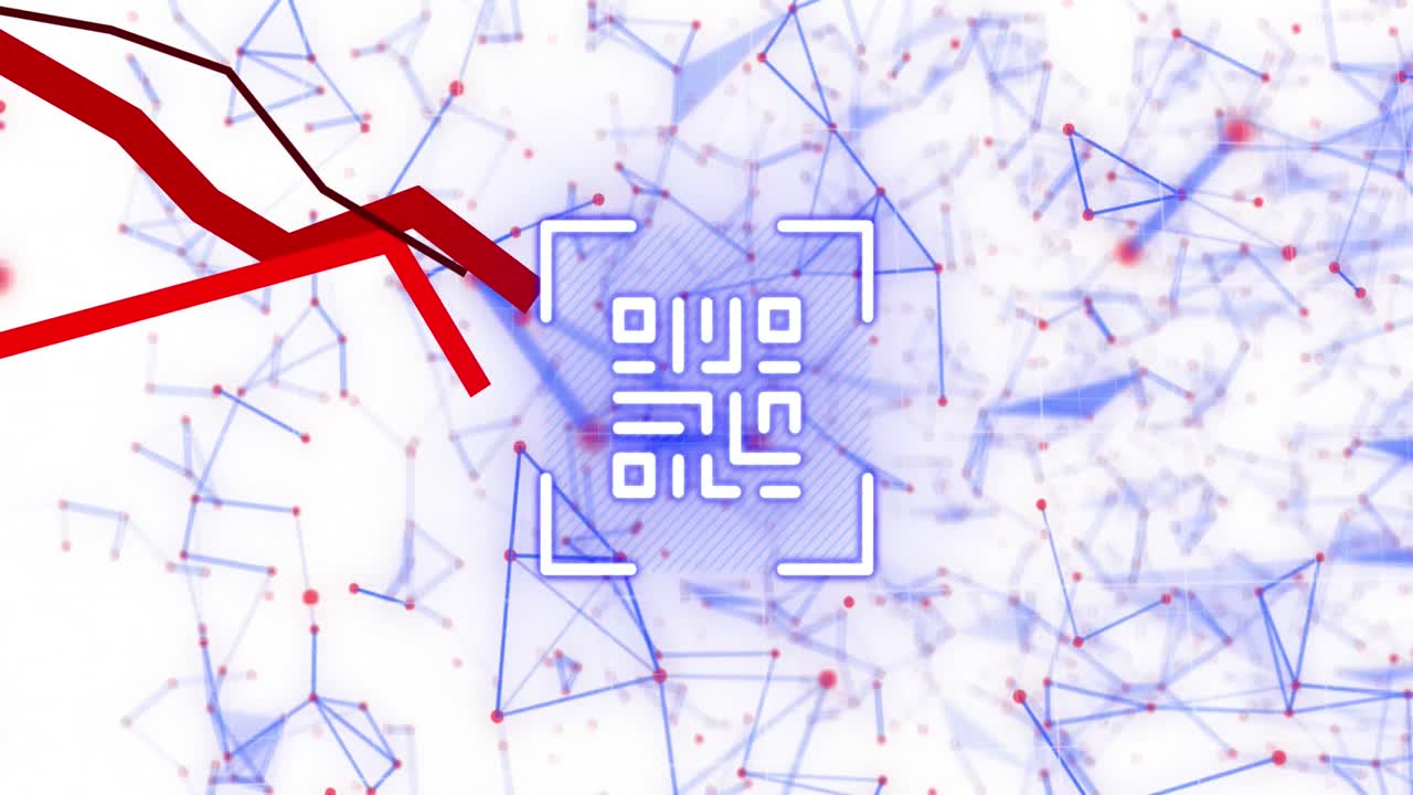Animation of qr code, dots forming geometric shapes and multiple graphs over white background