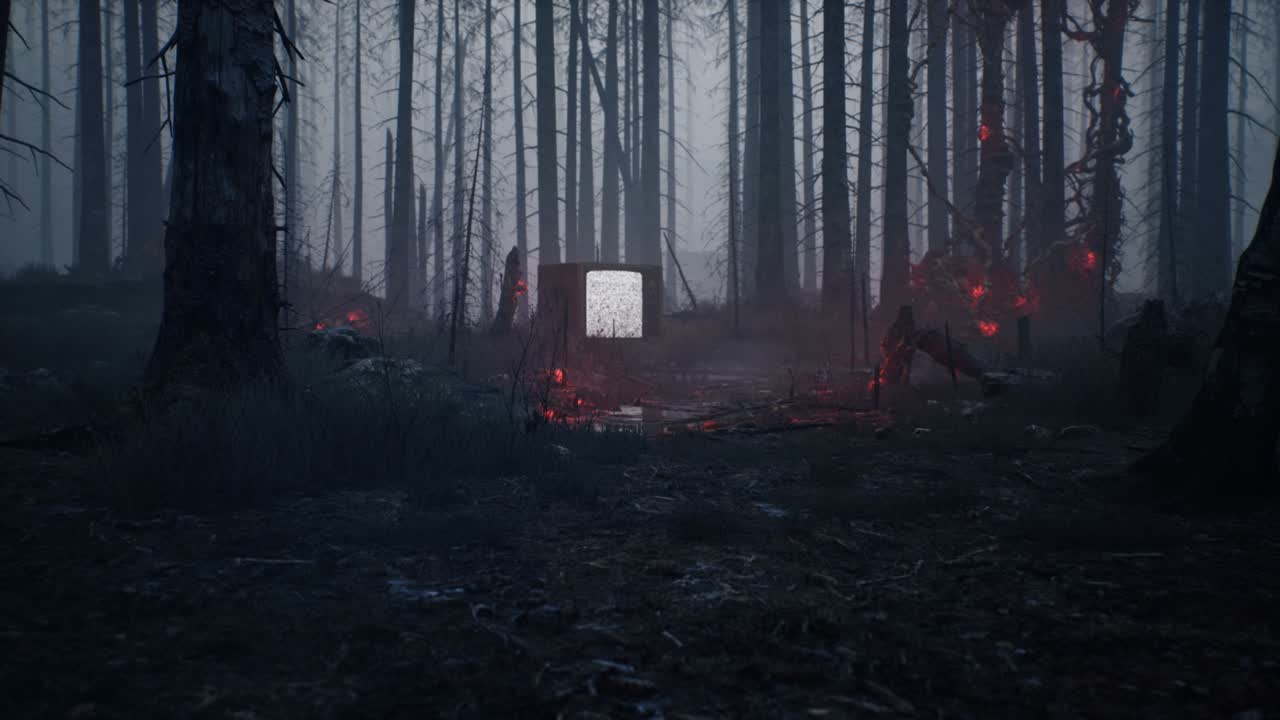 un antiguo televisor encendido se encuentra en medio de un bosque quemado. un televisor vintage en un bosque oscuro. concepto de bosque apocalíptico. animación perfecta para fondos retro o apocalípticos.