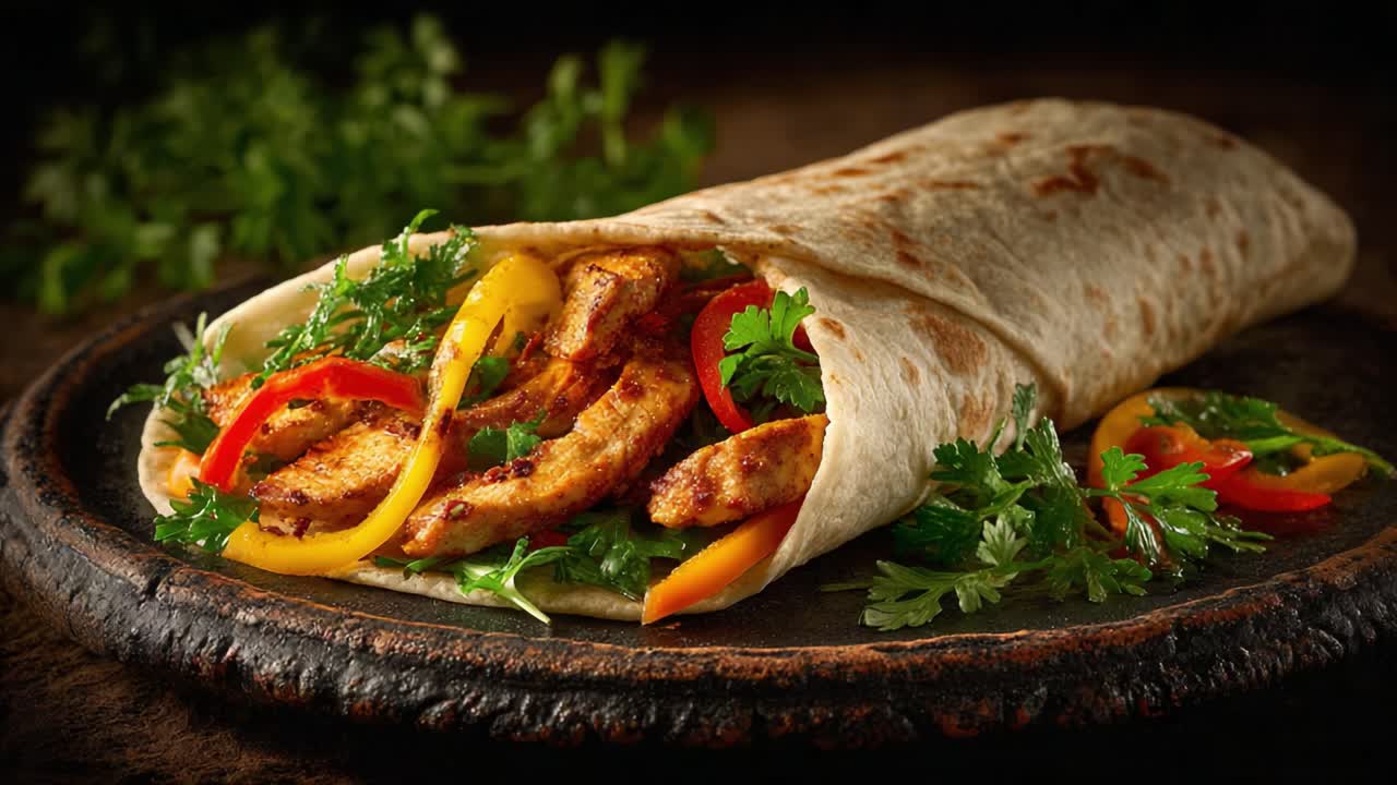 Delicious Wrap Filled with Grilled Chicken, Colorful Peppers, and Fresh Greens, Perfectly Rolled in Soft Tortilla looking Tempting and Flavorful