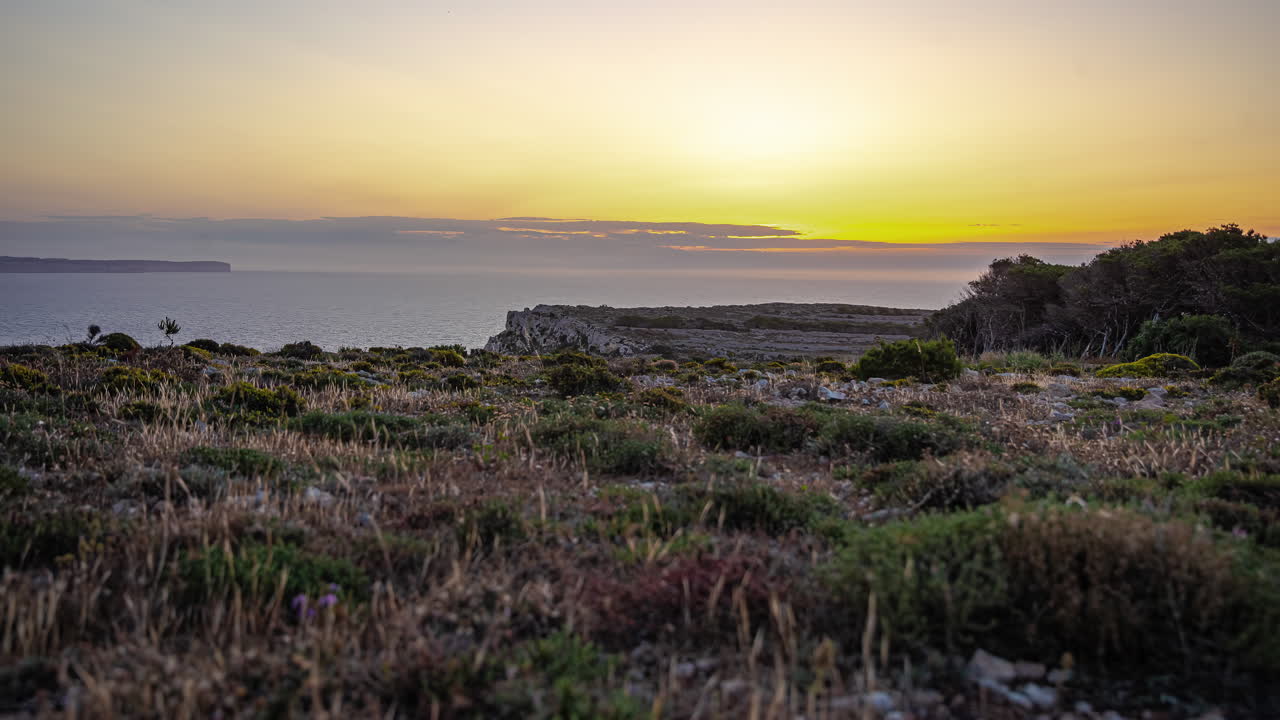 disparo de cerca de la hierba seca con el sol saliendo sobre el horizonte a través de las nubes en lapso de tiempo