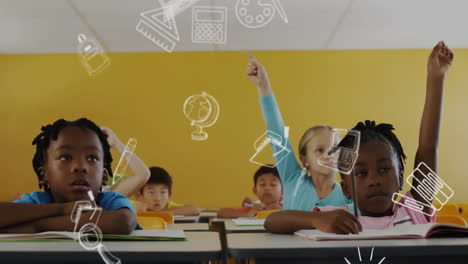 animation of education school icons over diverse school children in classroom