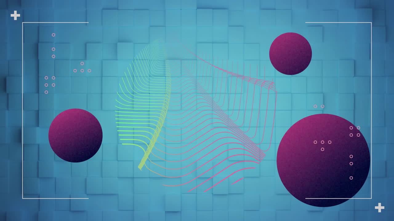 Floating magenta spheres orbiting central gradient wave-line pattern over blue 3D tiled background