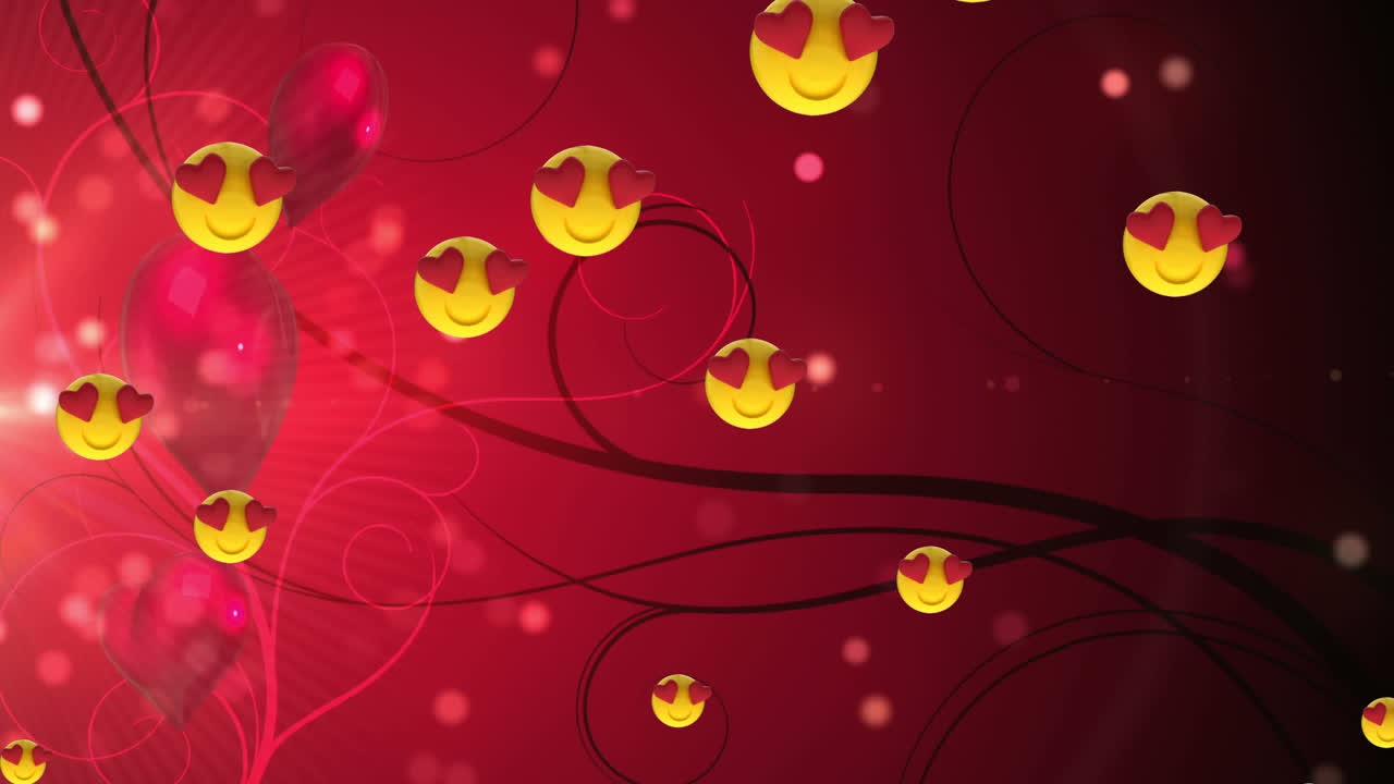 심장 눈 얼굴 이모지 아이콘이  ⁇ 은 배경의 꽃 디자인에 대해 떠다니고 있습니다.