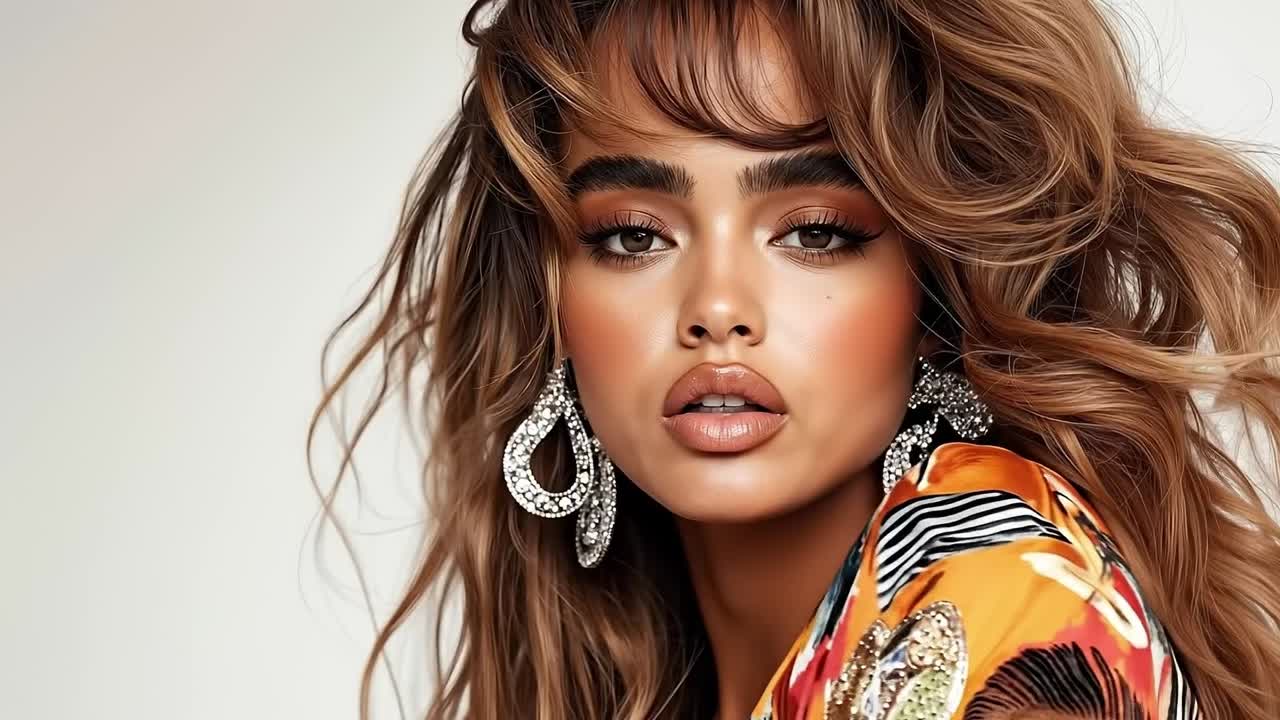 Una donna con lunghi capelli castani, indossa una maglietta colorata e orecchini