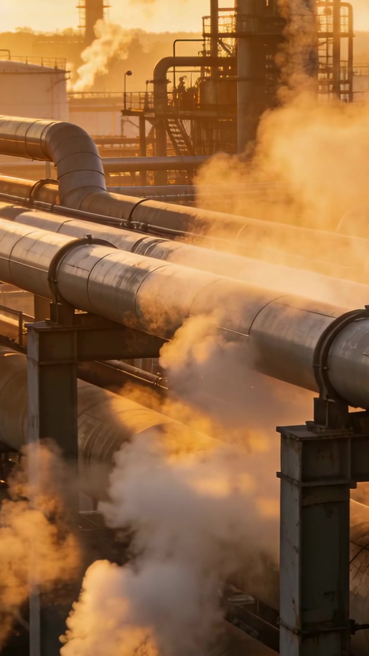 Vertical video: Releasing steam, pipelines sending vapor at plant at golden hour, showing clamps