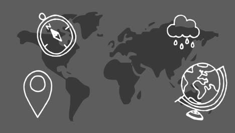 Multiple-geographical-icons-against-world-map-