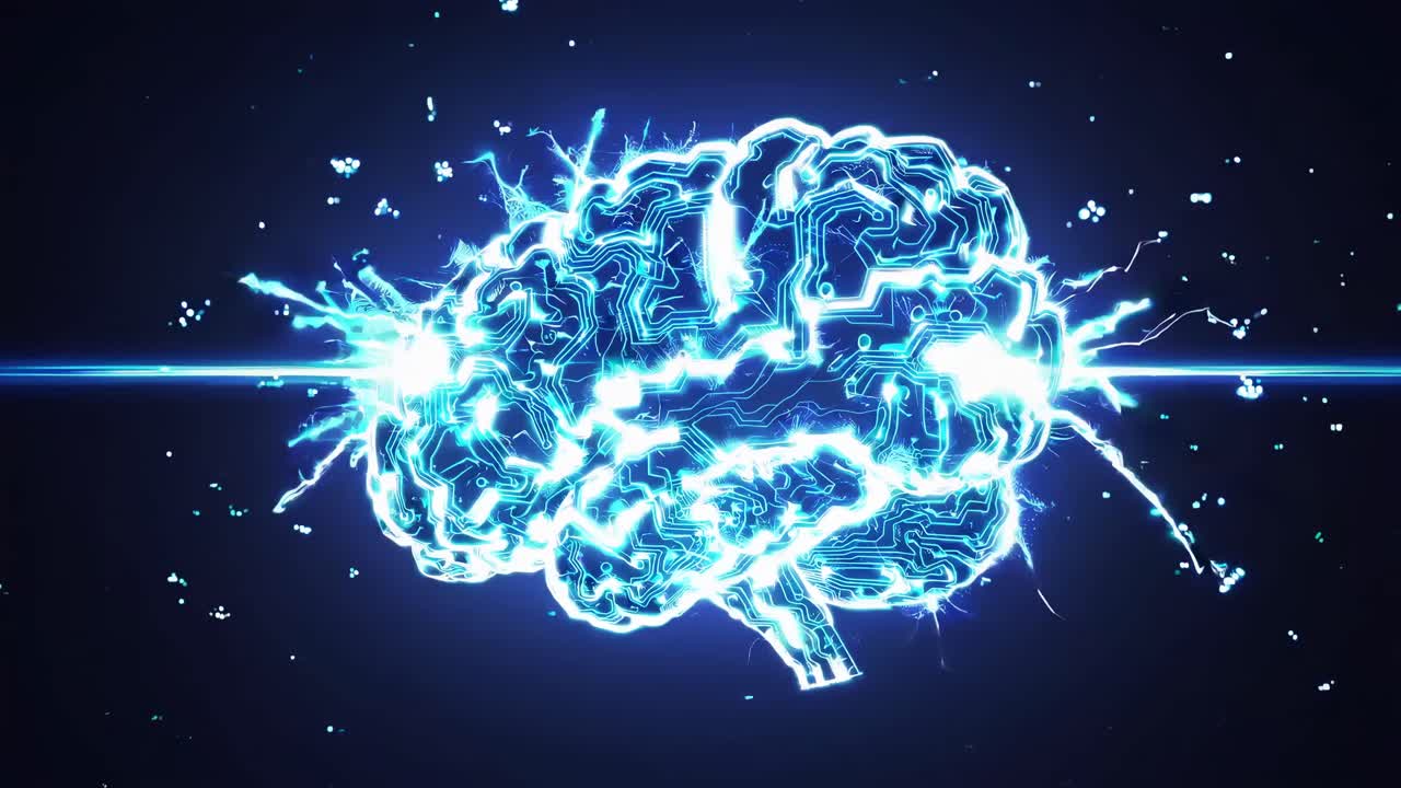 Futuristic digital brain with circuit patterns, glowing neon blue