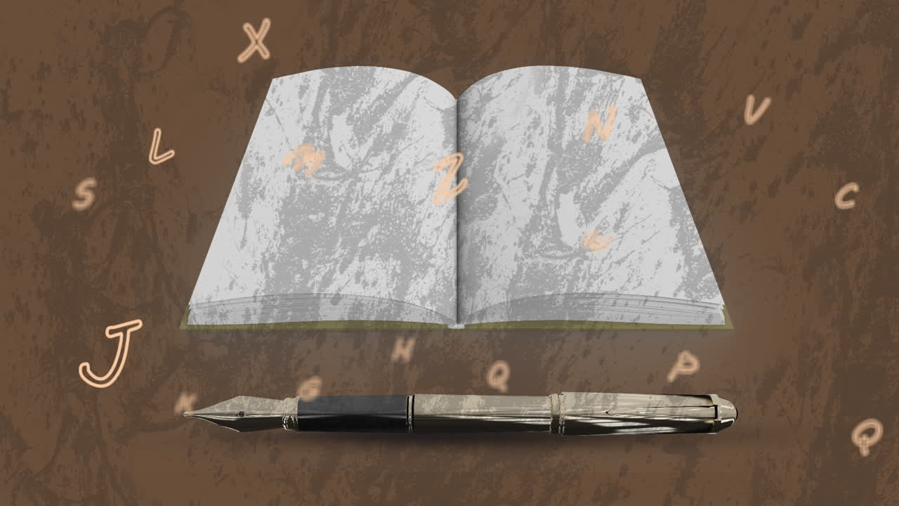 펜과 노트북 위에 떠다니는 글자의 애니메이션