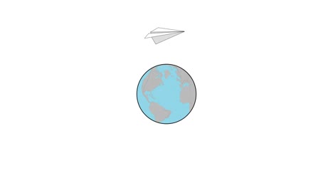 un avión de papel vuela alrededor de la tierra. salvapantallas de espera. ilustración de video.