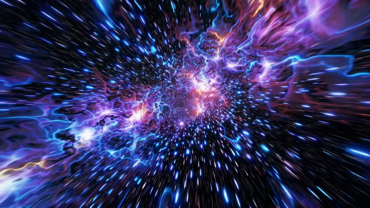 Dynamic video of a cosmic explosion with a vibrant, electric color palette