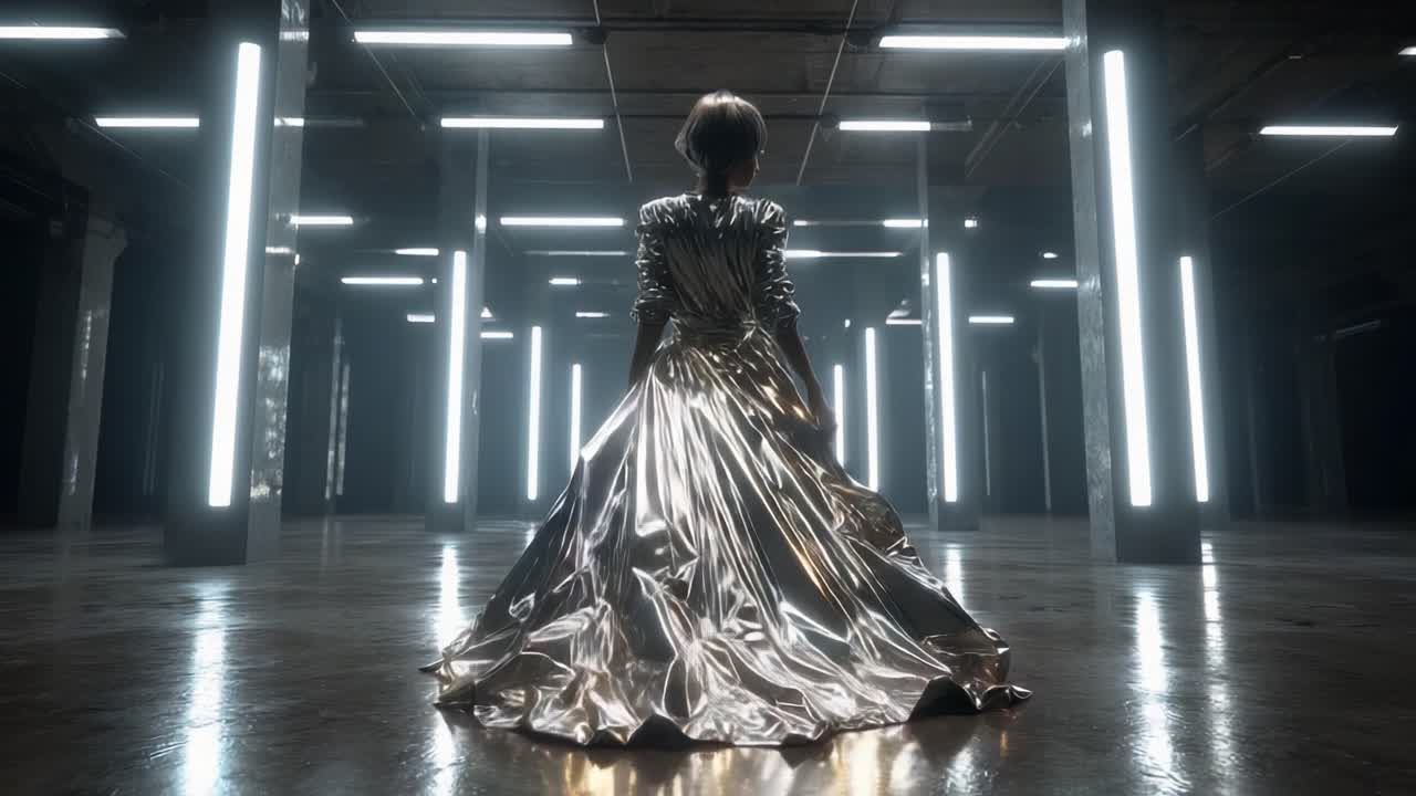 Woman in Silver Dress in an Industrial Hallway