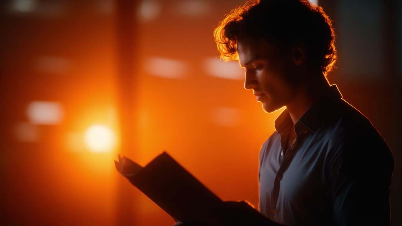 A contemplative young man engrossed in reading a book, illuminated by warm golden light, capturing a moment of introspection and emotional depth in a tranquil setting