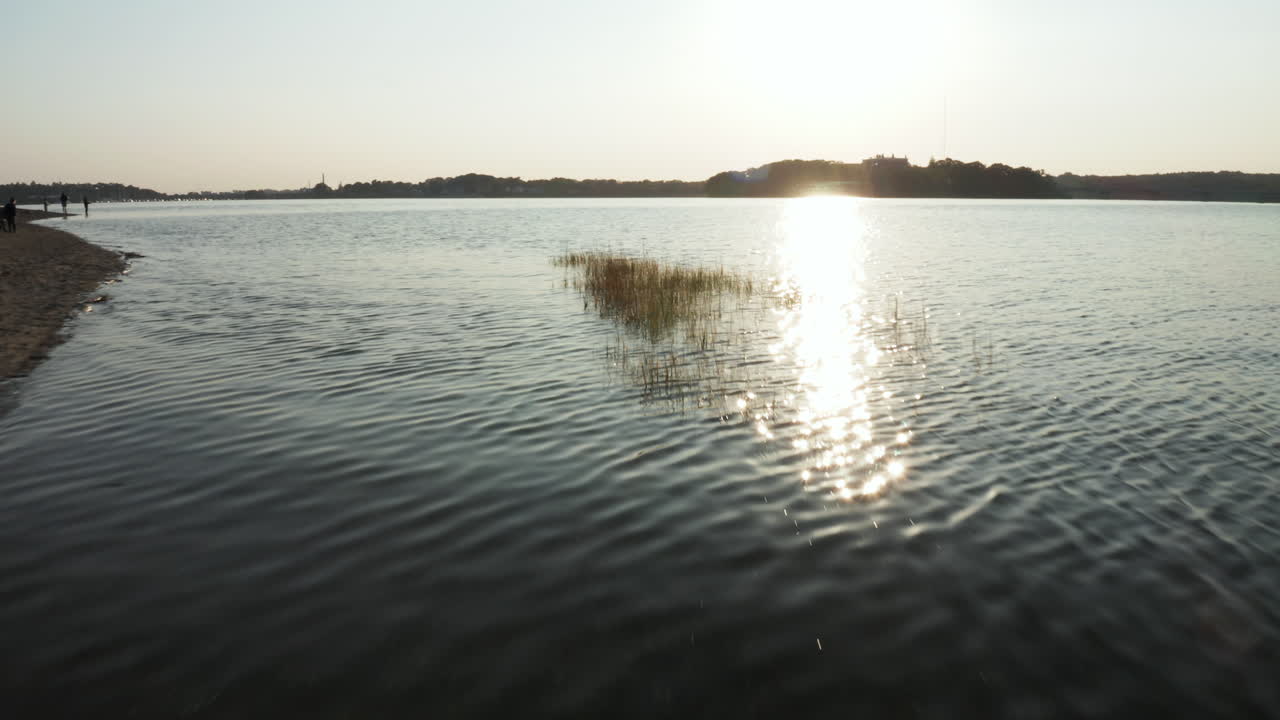 카스코 베이에서 낮게 날아다니는 드론 영상 해변에 가는 사람들이 물 에서 바위를 뛰어넘는 모습