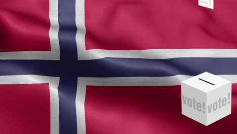 las papeletas de votación vuelan a la caja para la selección de noruega - caja de votación frente a la bandera - elección - voto - bandera de noruega - bandera noruega de alto detalle - bandera nacional de noruega patrón de ondas elementos en bucle - textura de tela y bucle sin fin