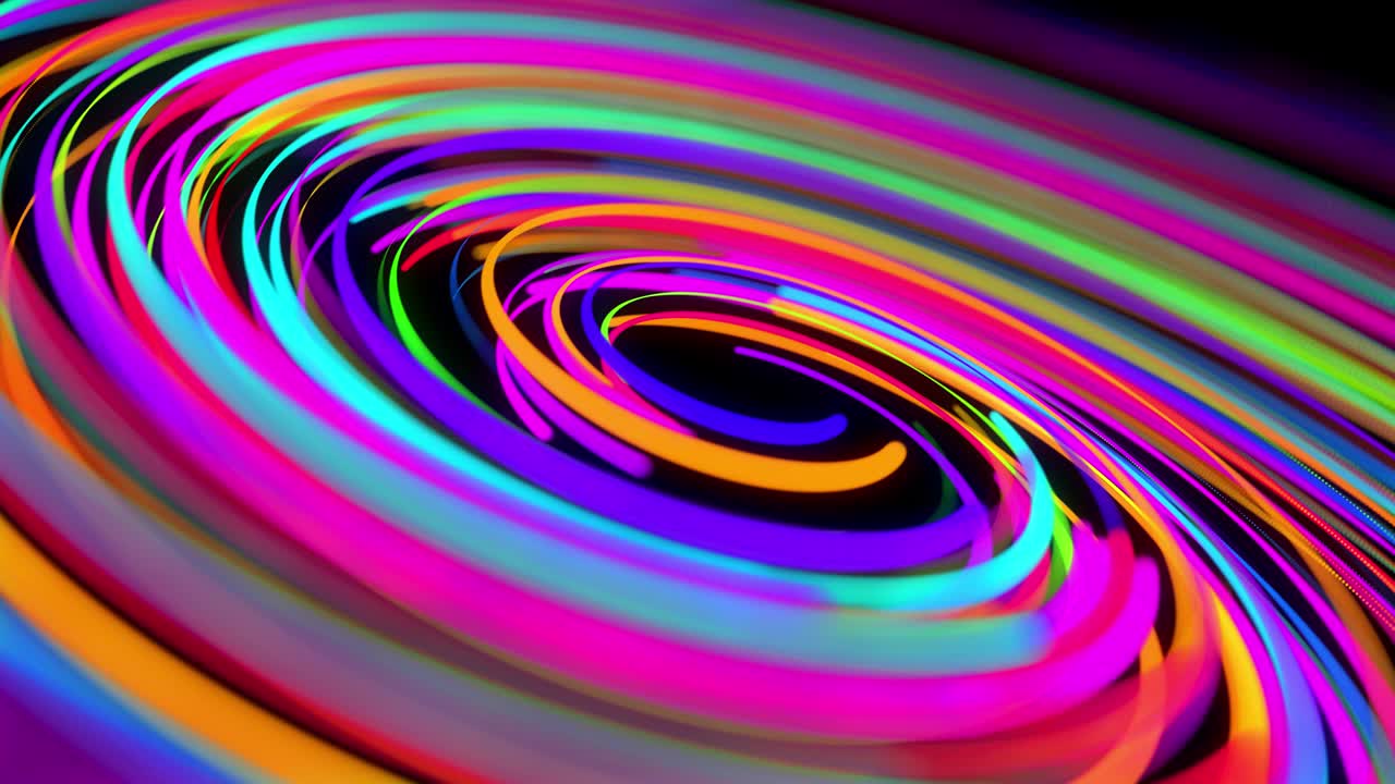 4k에서 세련된 창의적인 추상적인 배경: 회전하는 경로를 따라 회전하는 나선형으로 회전하는 색의 선; 모션 디자인: 선, 나선형 및 추상적인 구조를 형성하는 입자의 bg; 3d 렌더링