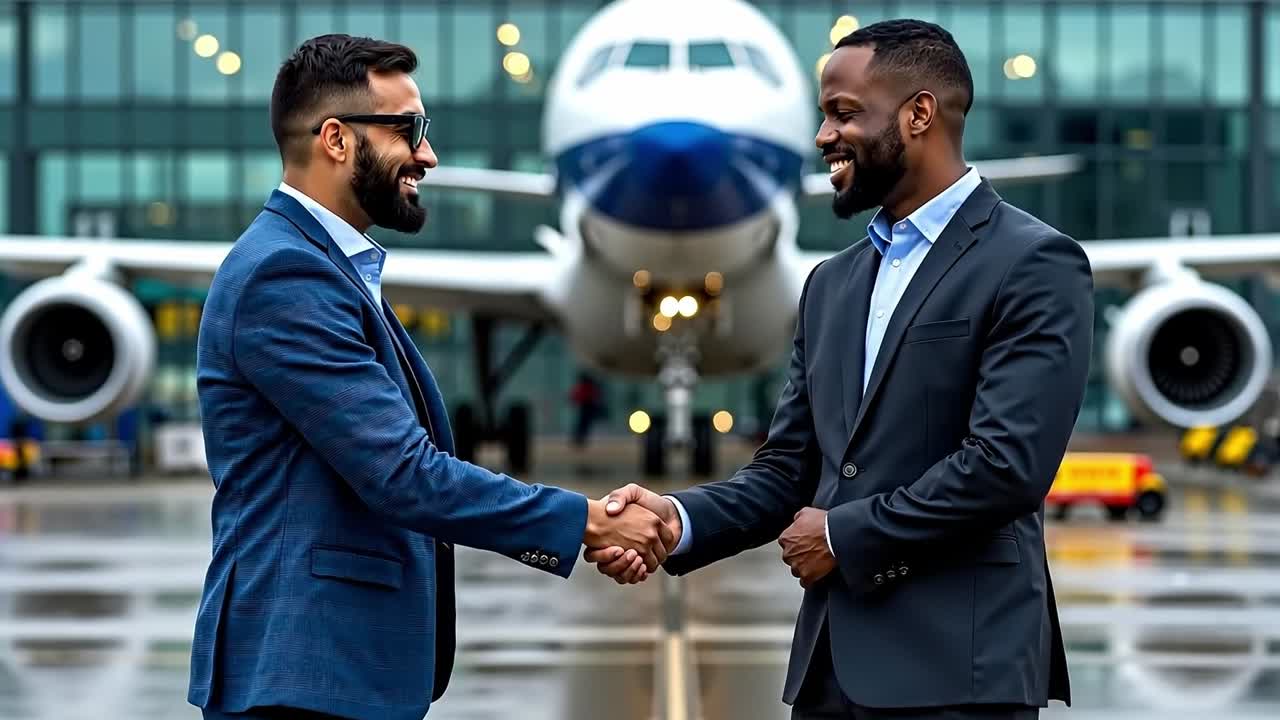 Two men shaking hands in front of an airplane