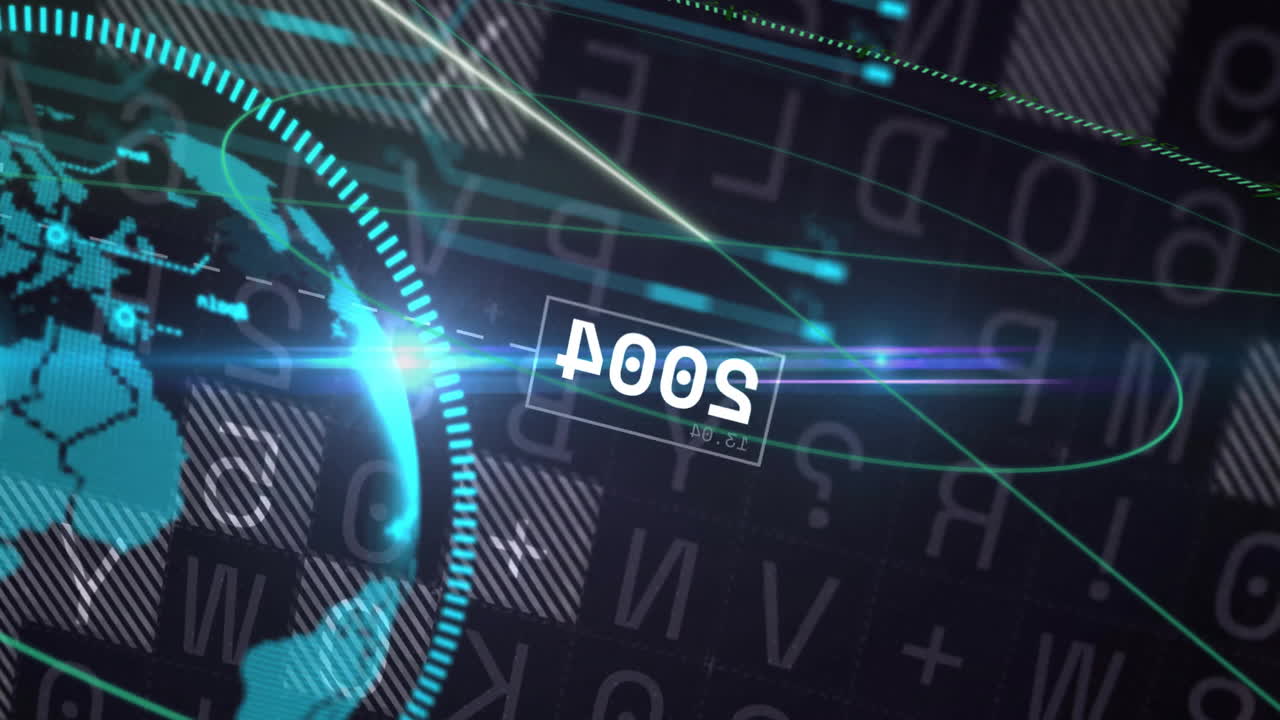 미래의 인터페이스, 숫자, 세계 지도 애니메이션으로 디지털 데이터를 처리합니다.