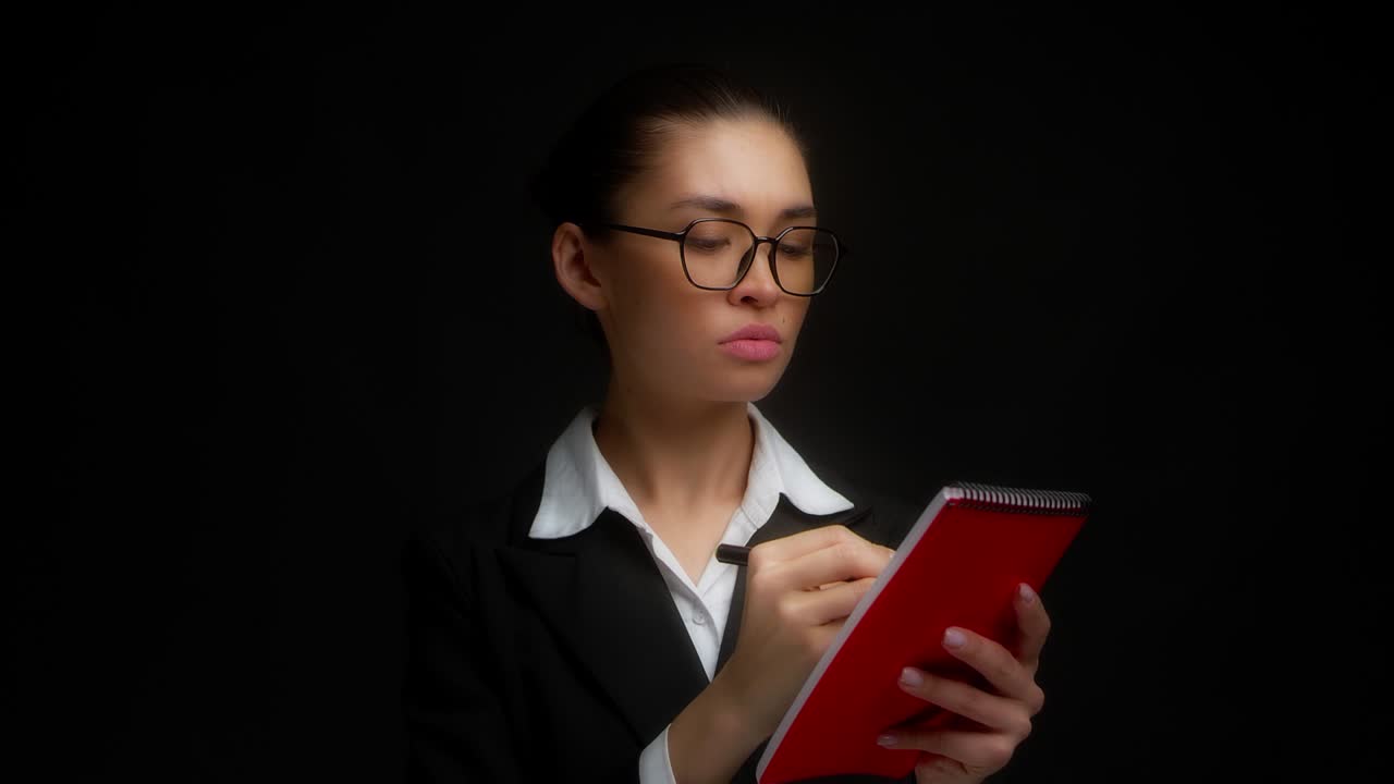 a la mujer de negocios no le gusta lo que está escrito en un cuaderno rojo.