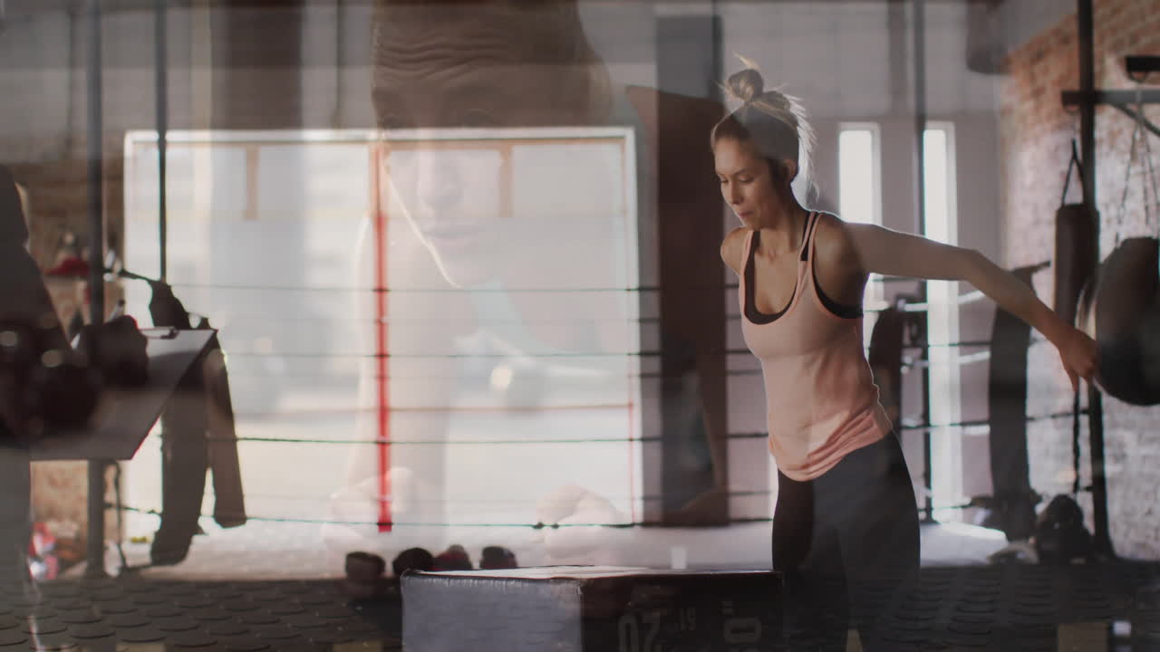 Exercising in gym, woman with animated overlay of focused face in background