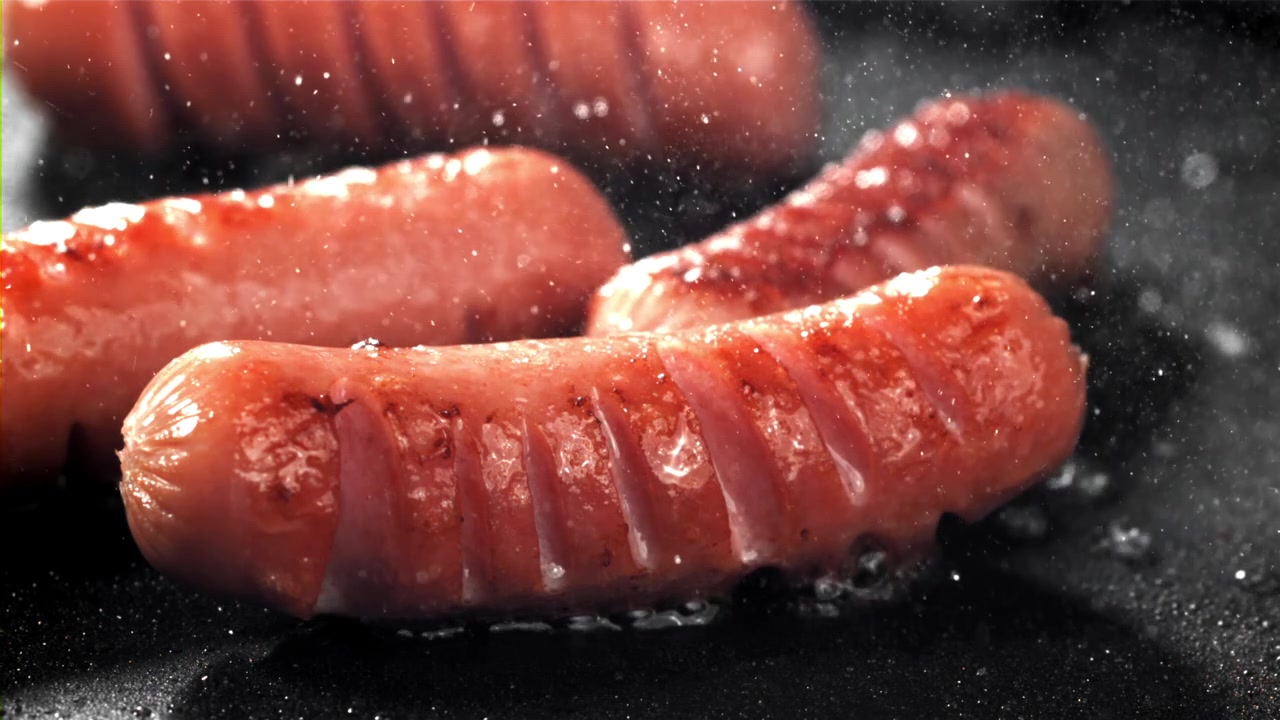 Deliziose salsicce che friggono e sfrigolano in una padella calda.