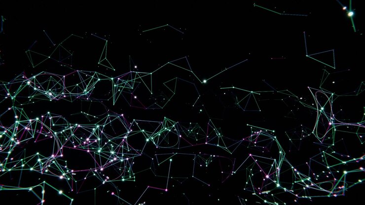 Emerging from black frame, glowing node-and-line network spreading and pulsing in dark cosmic field