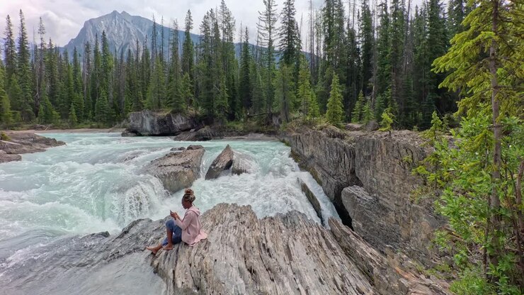 Donna di colore al telefono seduta sulle rocce vicino al bordo di una cascata (cascate inferiori di Natural Bridge) e un bellissimo fiume blu panoramico nel Parco Nazionale Yoho