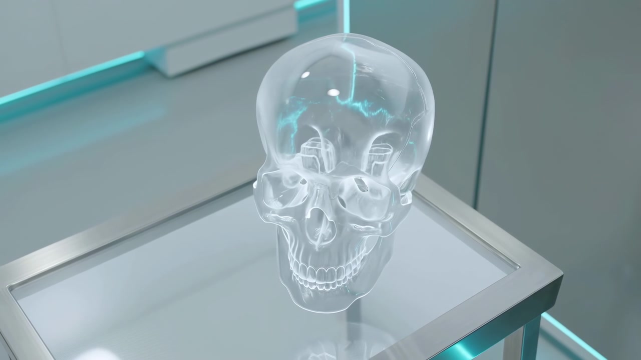 A transparent glass skull sits centered on a mirrored pedestal inside a minimalist modern room, with cool teal accent lighting, reflective surfaces, and a