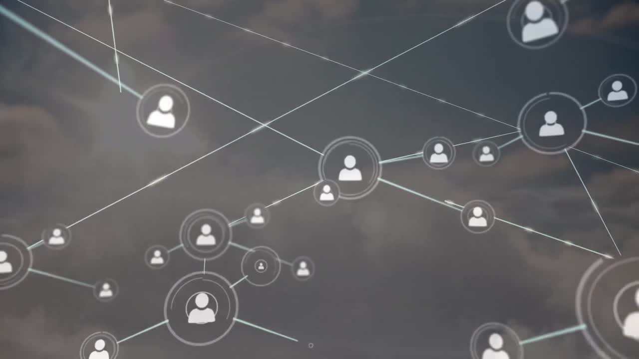 Animazione di rete di connessioni con icone su nuvole