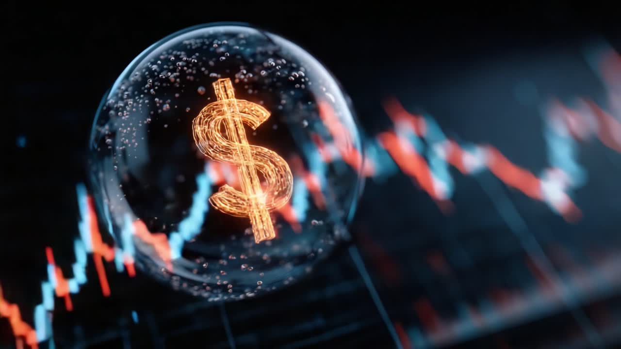 En fengslende visuell fremstilling av et opplyst dollartegn som flyter i en boble, omgitt av dynamiske finansielle grafer som viser valutatrender og svingninger.